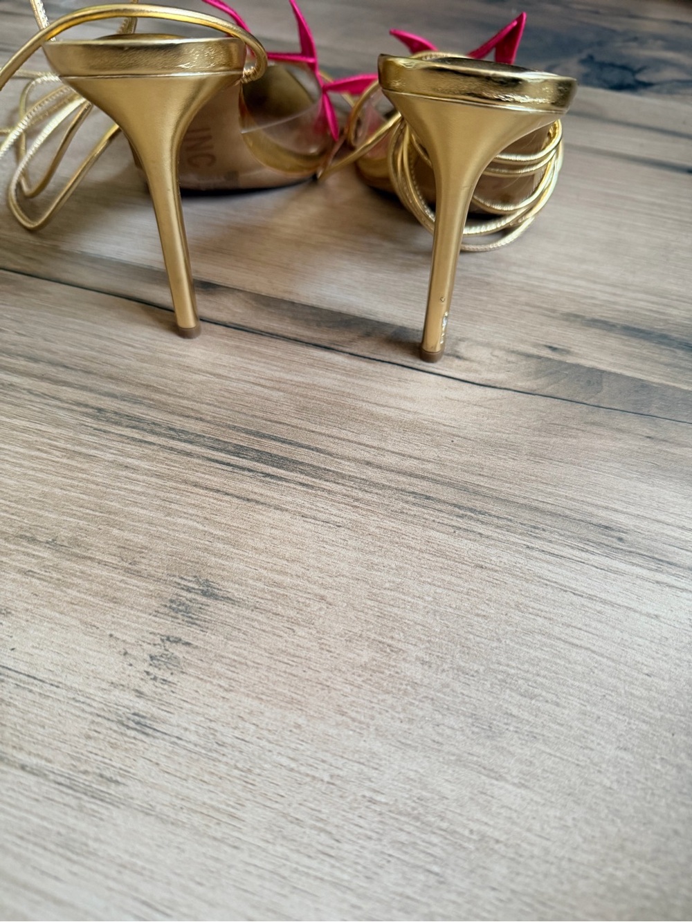 INC International Concepts Gold Lace-Up Heels with Hot Pink Butterfly Appliqués - Picture 3 of 5